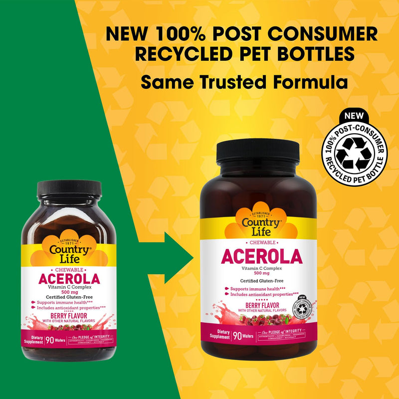Country Life Acerola Vitamin C Complex 500 mg Chewable Wafers, 90 Count | Berry-flavored daily support for immune health and antioxidant activity with citrus bioflavonoids and rose hips 90 Count (Pack of 1)