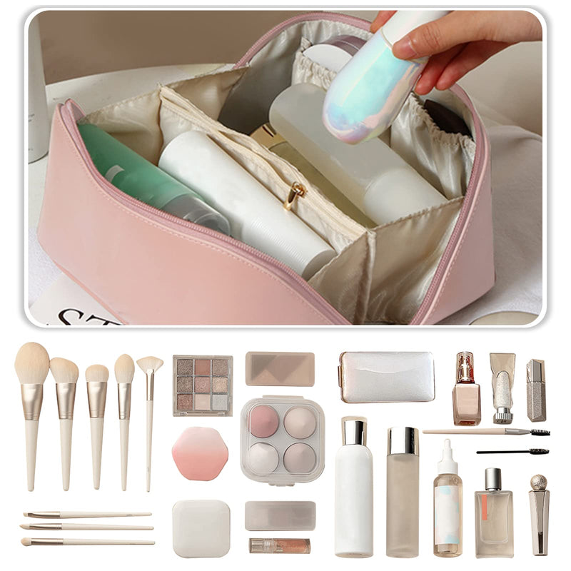 Large Capacity Travel Cosmetic Bag Make Up Bag with Handle and Zipper Multifunction Waterproof Toiletry Bag PU Travel Organiser Bag Wash Bag for Women Ladies Girls Pink A L