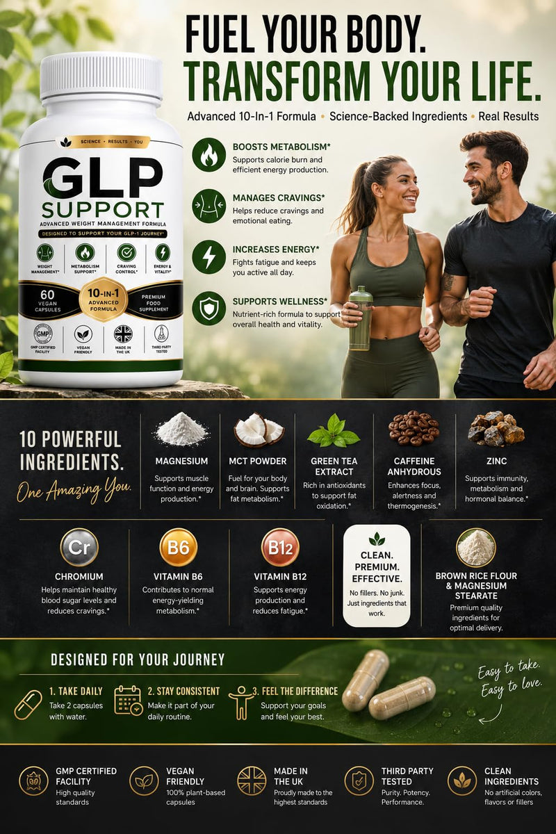 GLP Support Advanced Weight Management Capsules | GLP-1 Inspired Metabolism & Craving Support Formula | Energy & Wellness Supplement with Green Tea, Chromium & MCT | 60 Vegan Capsules