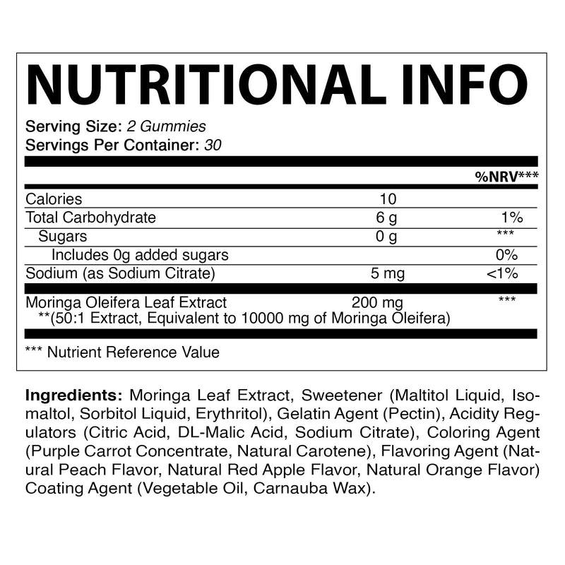 Vitamatic Sugar Free Moringa Gummies - 10000 mg Equivalent per Serving - Complete Green Superfood - 60 Pectin Based Gummies