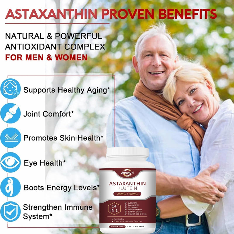Astaxanthin 24mg & Lutein 40mg, 14 in 1 Supplements 240 Softgels, with Zeaxanthin Supplements, Fresh Microalgae Source, Gluten Free, Supports Eye, Skin Health & Natural Tanning, Antioxidant