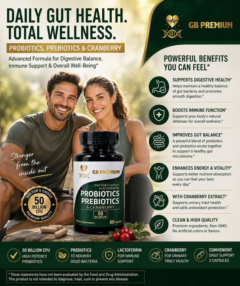 Probiotics, Prebiotics and Cranberry Supplement with Lactoferrin, 50 Billion CFU, 60 Capsules