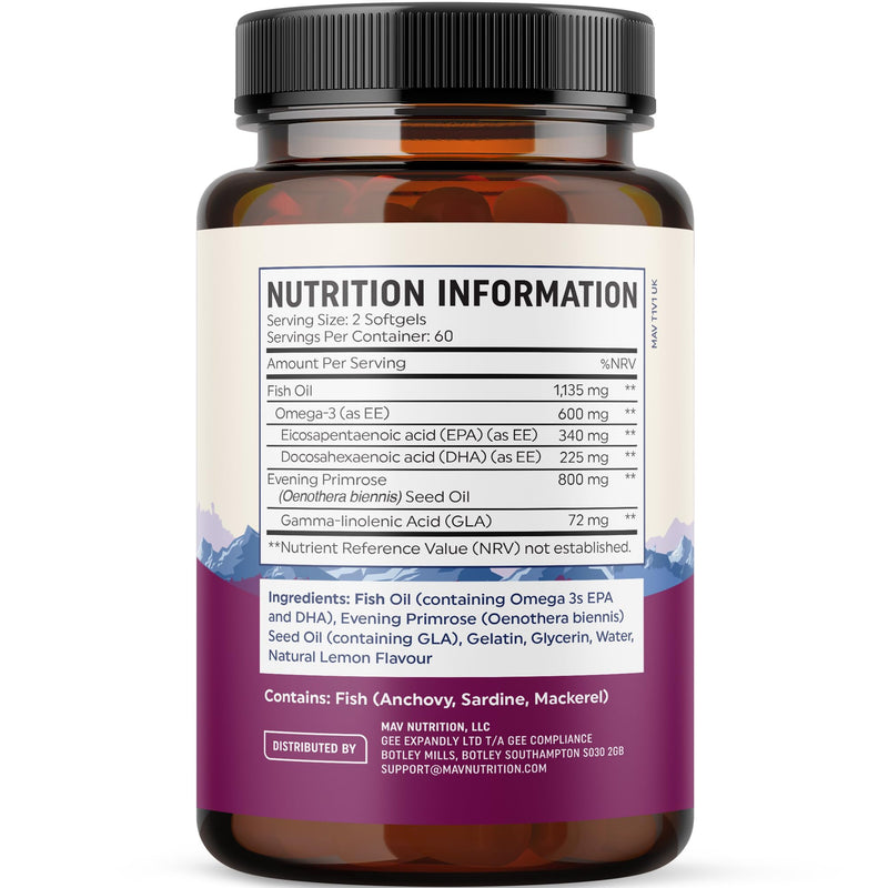 Omega 3 Supplement for Women | Fish Oil with Evening Primrose | Hormone Balance, Skin & Wellness Support | 600MG Omega3 + 800MG Evening Primrose | Fish Oil Omega 3 Supplements for Women | 120 Ct.