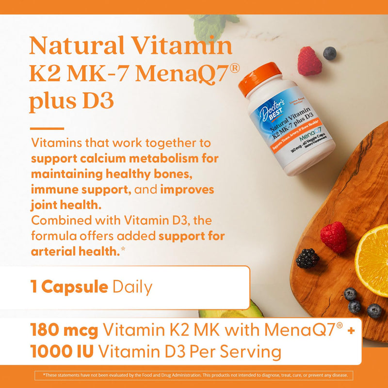 Doctor's Best Natural Vitamin K2 MK-7 Plus D3 - VIT D3 and K2 MK7 Supplement for Men & Women, Supports Tissue, Artery, & Bone Health, Non-GMO, Gluten Free, Soy Free, Vegetarian - 60 Veg Caps