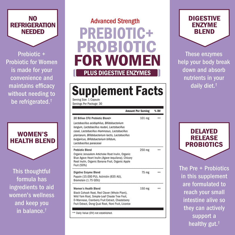 [Australia] - Prebiotics and Probiotics for Women - for Gut, Vaginal and Immune Health Support with Black Cohosh and Red Clover - Whole Food Digestive Enzymes Capsules, Lactobacillus Probiotic Supplement, 30 Count 30 Count (Pack of 1) 