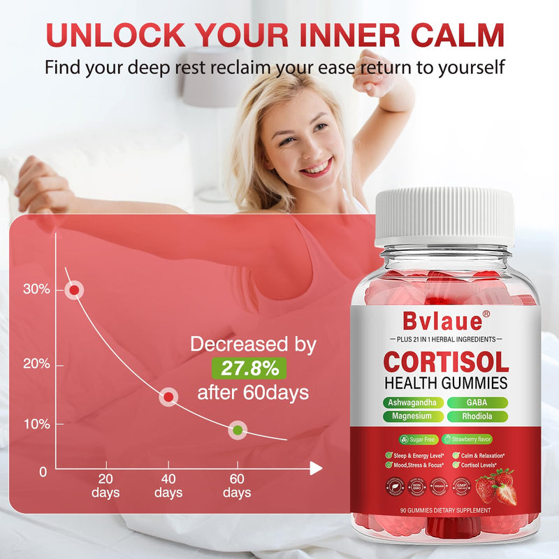 Cortisol Supplements for Women & Men - Cortisol Reducer Detox Manager with Ashwagandha/Magnesium/L-theanine/GABA/Vitamin B6 for Mood/Sleep/Stress Relief 90 CT Strawberry Flavor Gummies