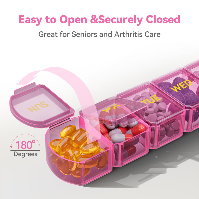 Large Pill Organizer Weekly - 7 Day Compartments with Easy-Open Design | SHIJOINYU XL Pill Box with High-Capacity, Daily Medicine Pill Organizer for Vitamins, Supplements, Fish Oils Pink