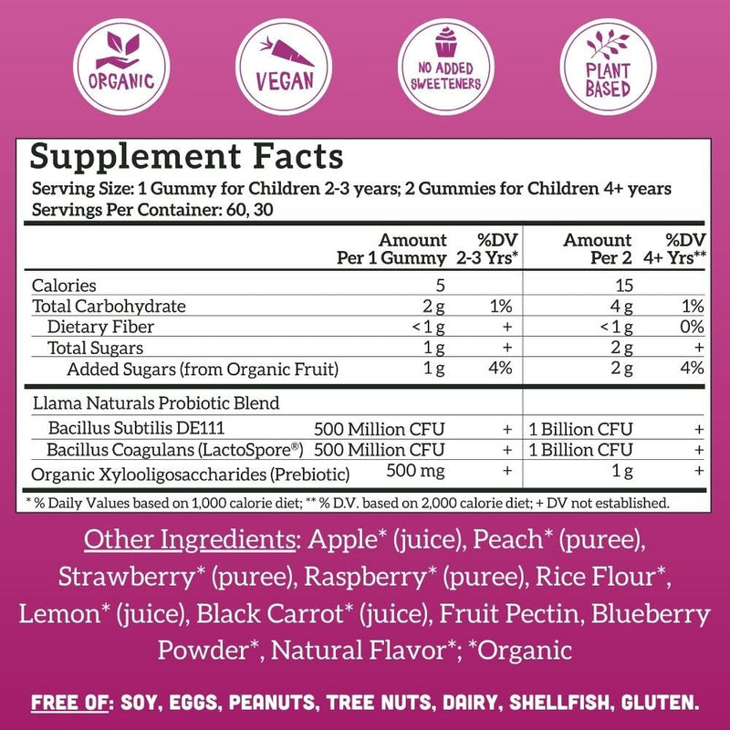 Llama Naturals Kids Probiotic with Prebiotic Fiber, Vegan, Organic Prebiotics and Probiotics Gummies for Gut Health Support, Toddler Real Fruit Gummy Vitamins, No Added Sugar Cane, Mixed Berry, 60 Ct Kids Mixed Berry 60 Count (Pack of 1)