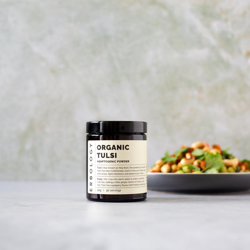 [Australia] - Erbology 100% Organic Tulsi Powder 90g - 90 Servings - Holy Basil - Calm and Mood - Straight from Farm - Raw, Vegan and Gluten-Free - Non-GMO - No Additives or Preservatives - Recyclable Glass Jar 