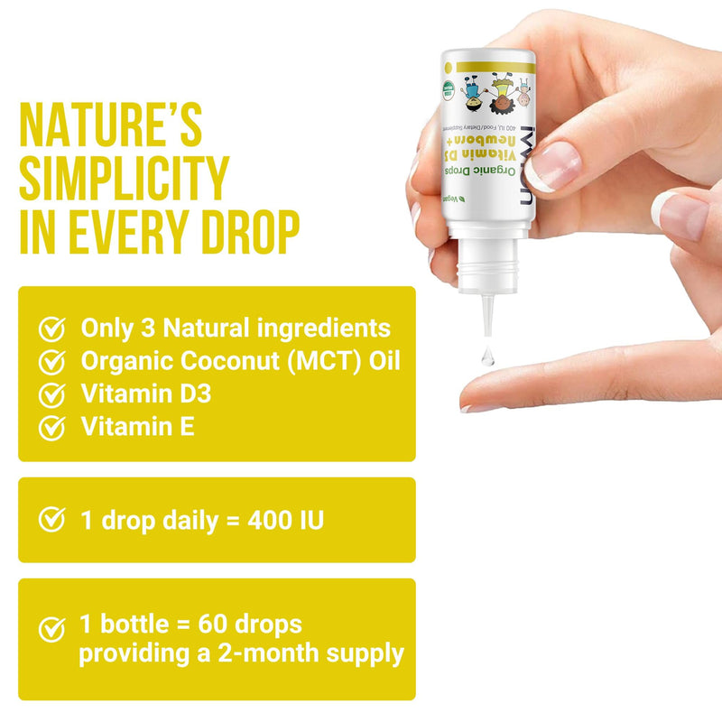 Organic Vegan Vitamin D3 400IU, 60 Drops – Baby Drop for Infants & Toddlers | USDA Organic, Non-GMO, Plant-Based, No Additives or Preservatives, All Natural, Made in UK – Pack of 2 Organic Vegan 400IU - 60 Drops