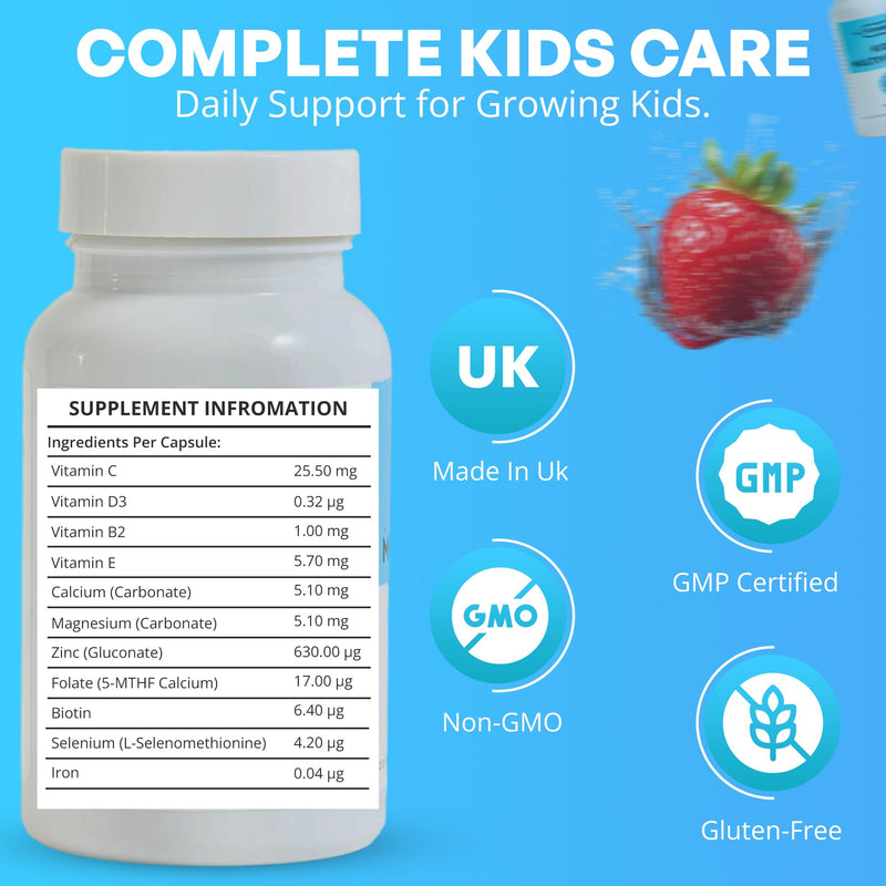 Kids Multivitamin Capsules for Children 4–11 Vitamins for Kids with 13 Essential Nutrients Sugar Free Children’s Vitamins for Immune, Bone & Overall Health