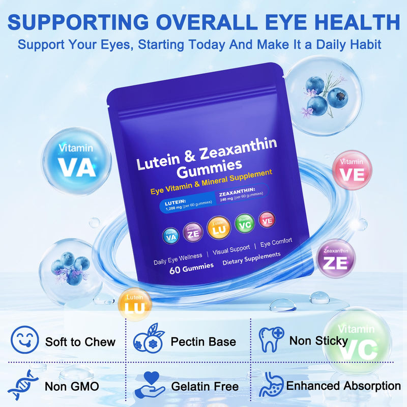 Lutein Gummies 60 Count, Eye Health Supplement, Eye Support Gummies with Zeaxanthin, Vitamins A, C & E, Provide Antioxidant Support & Maintain Visual Comfort, Daily Vision Support Supplement