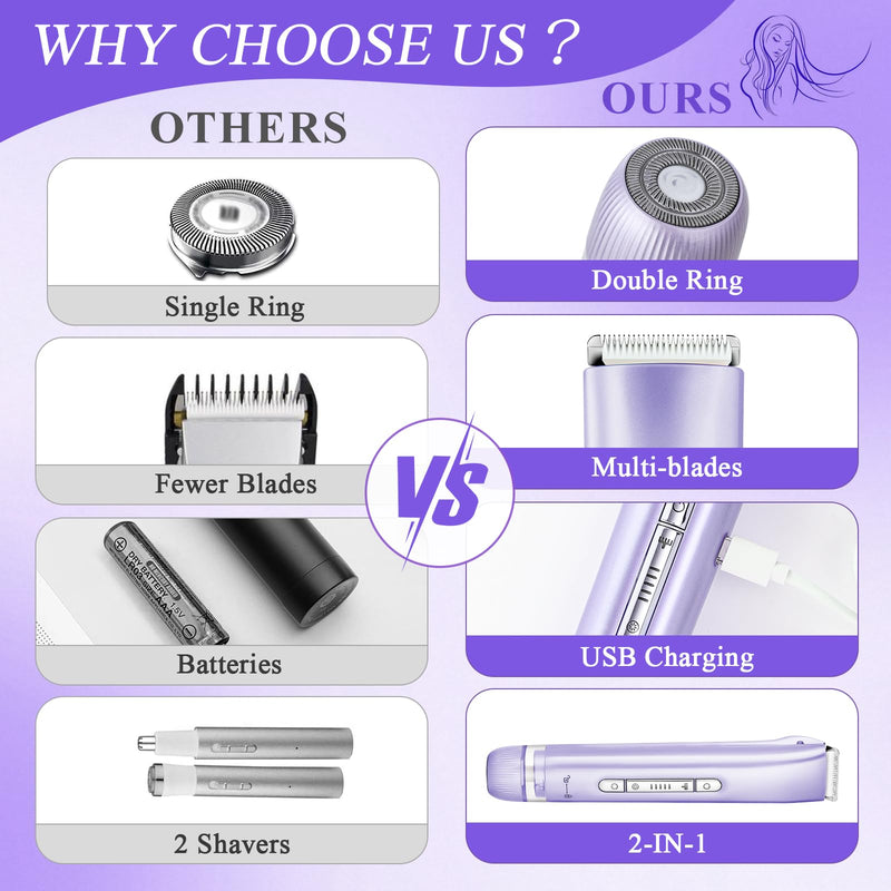 [Australia] - 2 in 1 Bikini Trimmer for Women Dual Head Electric Razors IPX7 Waterproof Wet & Dry Use, Electric Shaver for Women Private Area Facial Body Underarm Leg Arm Hair Remover for Pubic Hair Purple 