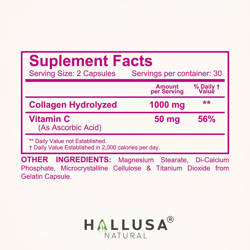 Hallusa Natural Hydrolyzed Collagen Capsules 1000mg with Vitamin C - Anti Aging Supplement for Skin, Hair, Nails & Joint Support - Cólageno hidrolizado - Pastillas de colágeno - 60 Capsules
