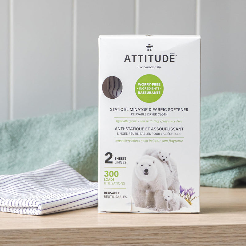 [Australia] - ATTITUDE Static Eliminator and Fabric Softener, Reusable Dryer Cloth, Hypoallergenic and Fragrance-Free, Vegan and Cruelty-Free Household Products, 300 Loads, 2 Sheets 
