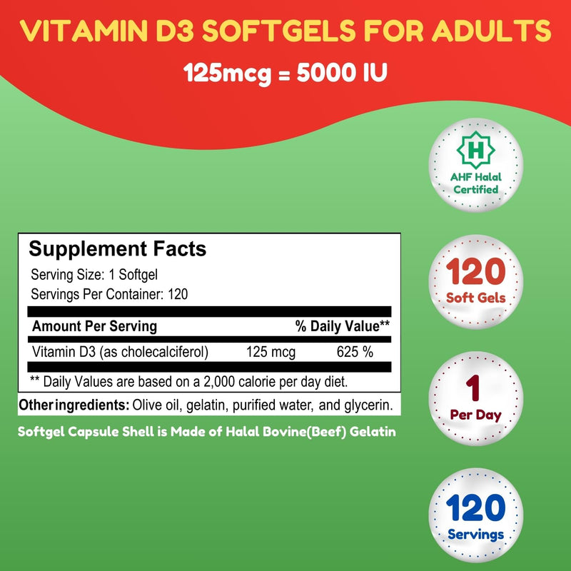SHIFAA NUTRITION Halal Vitamin D, Halal Vitamin D3, 5000 IU Softgels, 120 Servings. Non-GMO, Gluten-Free, Supports: Structure, Bones, Teeth, Heart, Muscle & Immune Functions