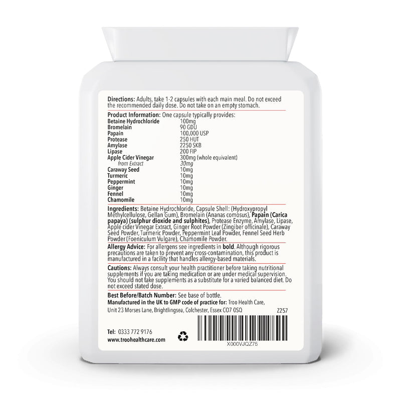 Troo Health Care Troozyme Digest-Tonic Digestive Enzymes Supplements - 90 Capsules | Broad Spectrum Plant Digestive Enzymes | Betaine HCL | Bromelaine | Papaine | Protease | Amylase | Lipase | UK Made