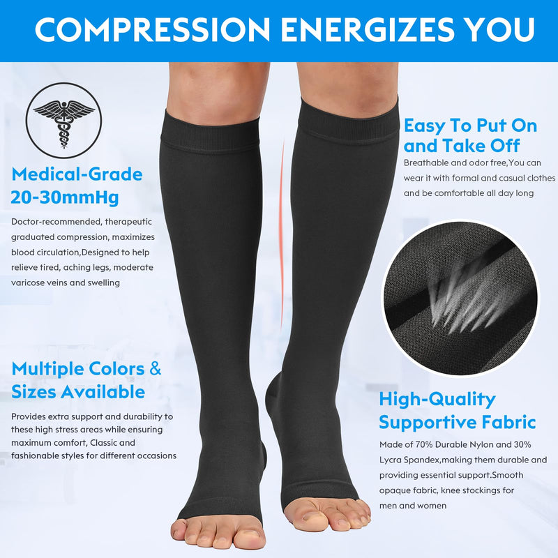 [Australia] - MGANG® 20-30 mmHg Compression Stockings for Men and Women, 2 Pairs Medical Compression Socks, Knee High Length, Open Toe, Opaque, Support Hose for Varicose Veins, Oedema, Swelling, Black XX-Large 1 Pair Black + 1 Pair Black 