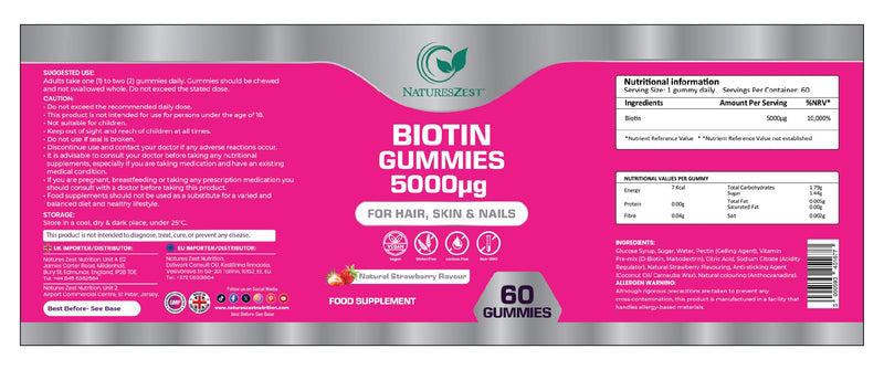 Biotin Gummies 5000µg - 60 Strawberry Gummies - High Strength Biotin Supplements (Vitamin B7) | Hair, Skin & Nails Support for Women & Men | Vegan, Non GMO, UK Made - By NATURES ZEST