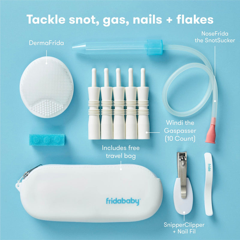 [Australia] - Frida Baby Basics Kit | Baby Essentials Kit Includes Nasal Aspirator Snotsucker, NailFrida Nail Files, Windi Gas Relief, DermaFrida Bath Brush + Silicone Carry Case 
