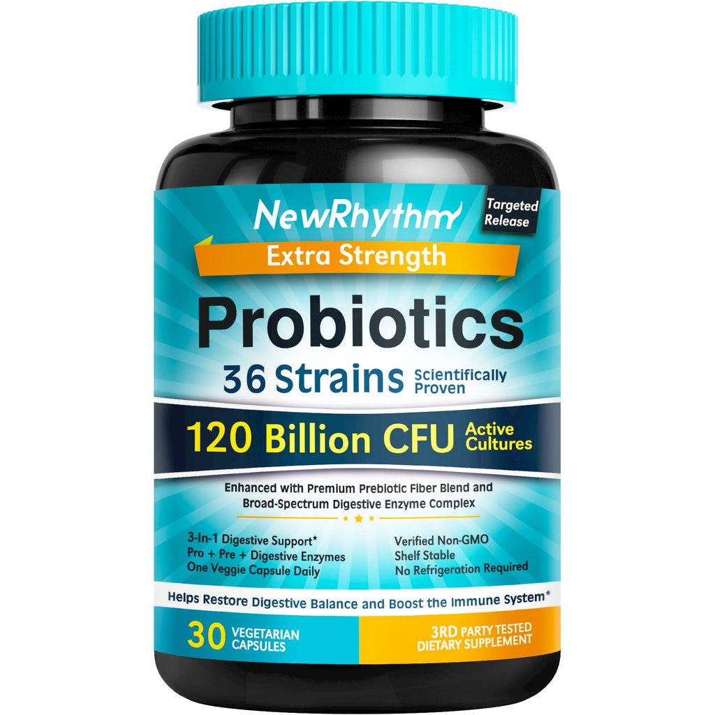 NewRhythm Probiotics 120 Billion CFU 36 Strains, 3-in-1 Probiotics for Digestive Health & Immune Support with Prebiotics & Enzymes, Probioticos for Women & Men, Vegan Targeted Release Supplement, 30ct Extra Strength Probiotics 120 Billion CFU