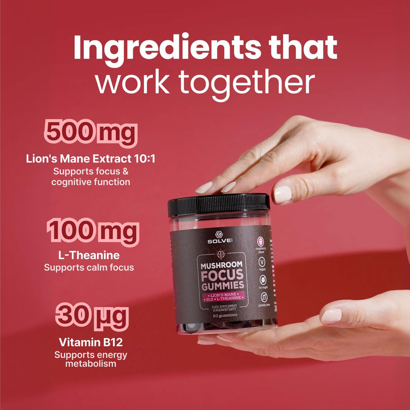 Lion’s Mane Focus Gummies - 5000 mg per Serving, 100% Fruiting Body 10:1 DNA-Verified Mushroom with L-Theanine & Methylated Vitamin B12 - Sugar-Free Vegan Nootropic – 30 Servings