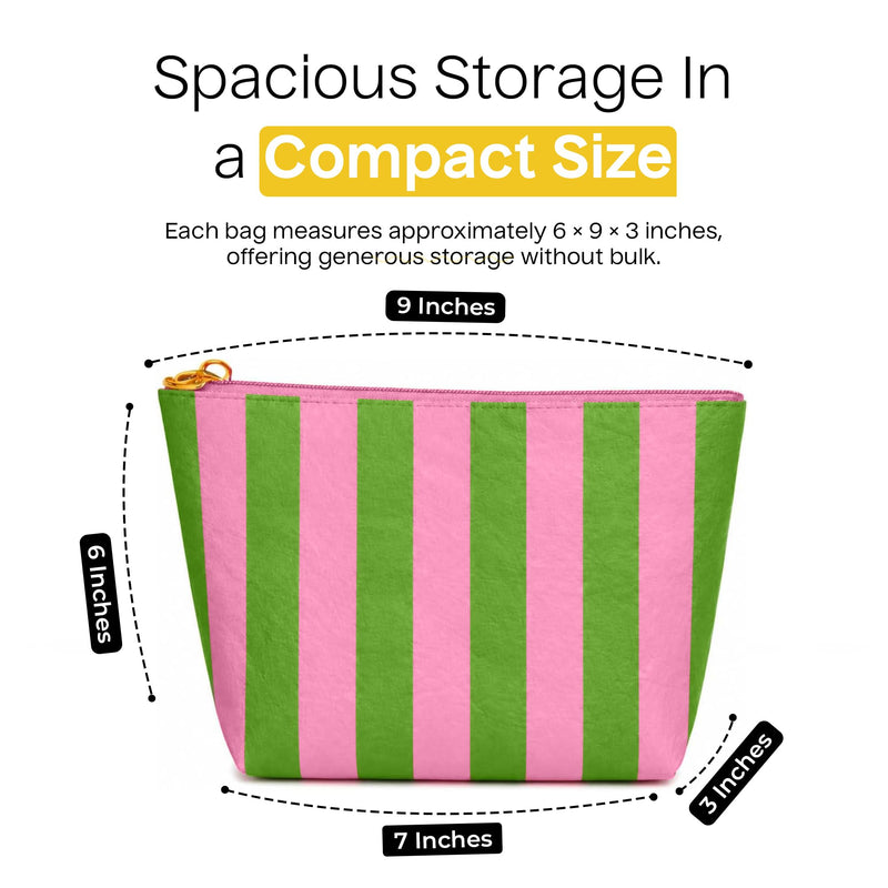 Preppy Stripe Crinkle Makeup Bag Set of 5 Travel Cosmetic Bags | Pink and Green, 6 x 9 x 3 in, Crinkle & stripe design, waterproof fabric, generous capacity, gift for women Green/Pink