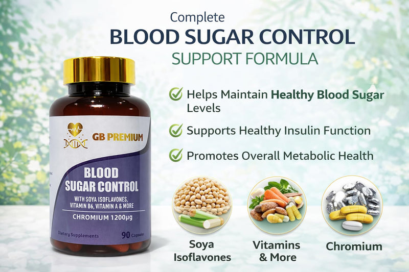 Blood Sugar Control Supplement with Chromium, Folic Acid, Zinc, Magnesium, Selenium, Vitamin E & Vitamin D3, 90 Capsules
