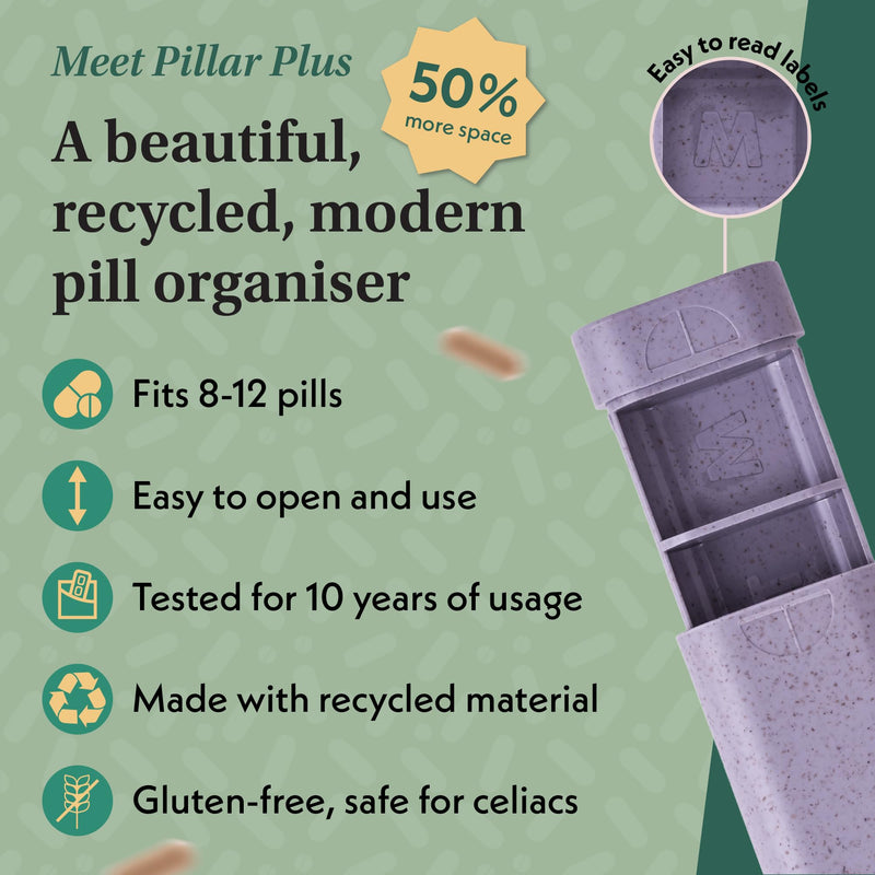 Pillar Plus XL 7-Day Pill Case - Travel Pill Organizer - Weekly Pill Box | Perfect for daily use and travel, 50% more space, Lavender, Great as a vitamin organizer or a supplement organizer Pillar Plus - 50% More Space
