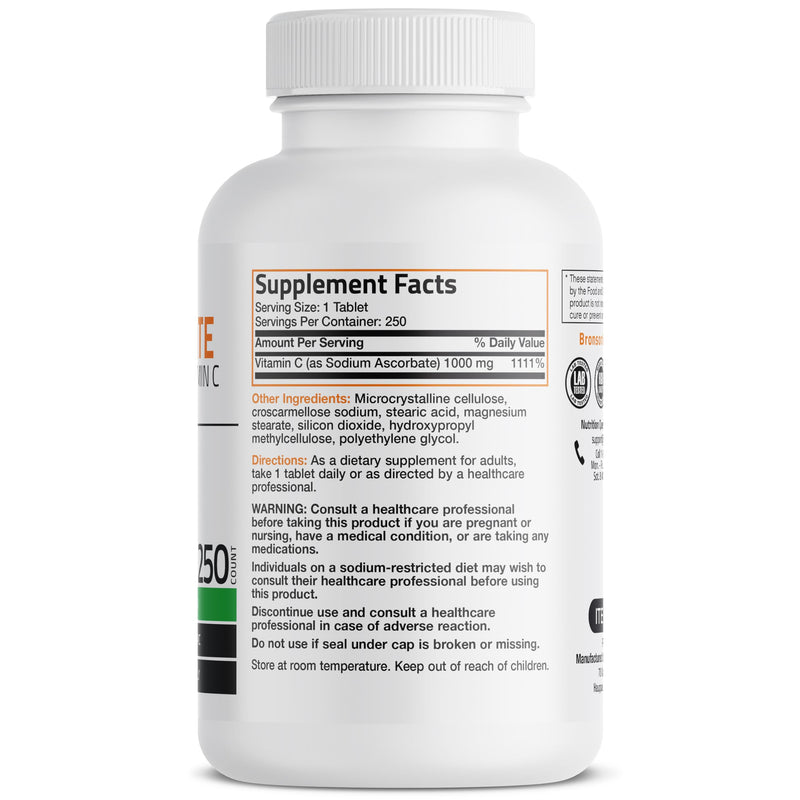 Bronson Non-Acidic Vitamin C 1000 mg as Sodium Ascorbate, 250 Tablets | Gentle on the Stomach, Immune, Antioxidant & Collagen Support, Non-GMO