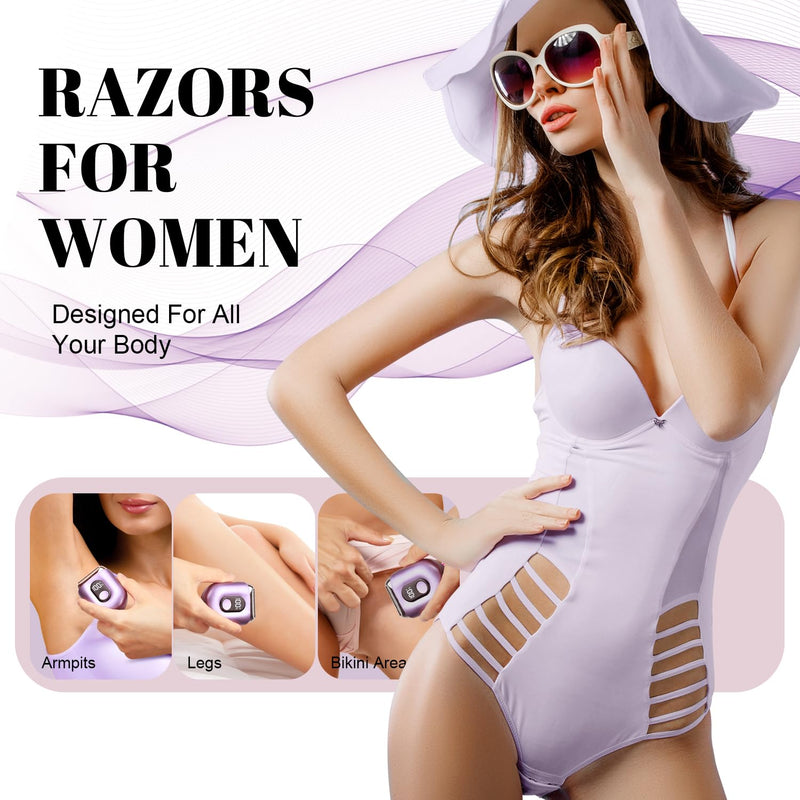 [Australia] - Cordless Electric Shaver for Women: Mini Electric Razors with LED Display - Rechargeable Bikini Trimmer - IPX7 Waterproof Wet Dry Face Razor with 3 Blade Heads Floating Head Light Purple 