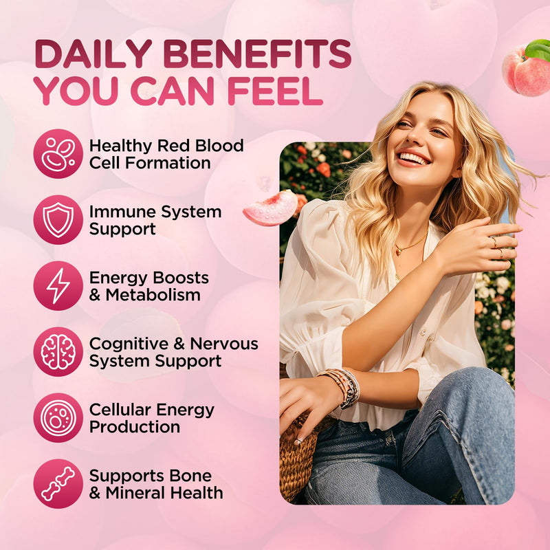 Iron Gummies for Women, Triple Iron Supplement with Multivitamin Iron Gummies with Vitamin C, A, B, Folate, Copper, Zinc for Energy & Blood Support, Immune Health, Vegan Peach, Flavor 60 Counts 60 Count (Pack of 1)