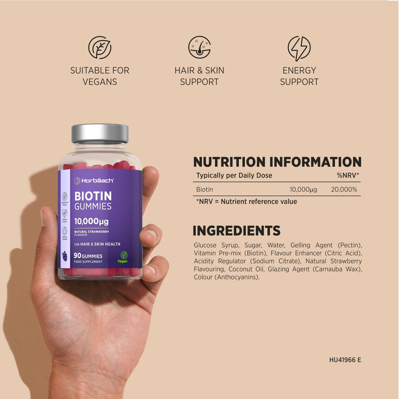 Biotin Hair Growth Gummies 10,000mcg | 90 Count | High Strength Biotin (Vitamin B7) for Hair and Skin Health | Natural Strawberry Flavour | Vegan Supplement | By Horbaach