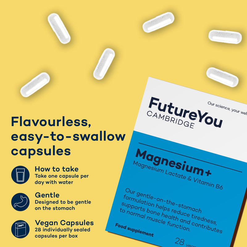 Magnesium+ 575mg Supplement – 28 High Strength Capsules – Magnesium Lactate & Vitamin B6 Health Supplements to Reduce Tiredness & Support Bone Health – Supplements by FutureYou Cambridge 1 count (Pack of 28)