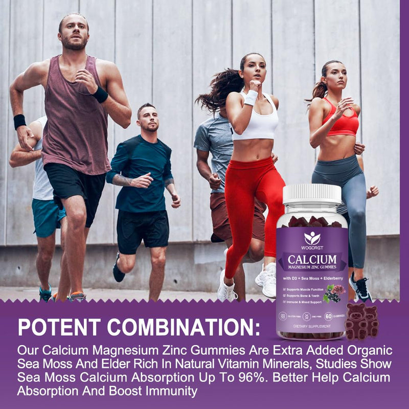 Calcium Magnesium Zinc Gummies with Vitamin D3 for Women & Men, Vegan, 60Ct | WOGORGT - Chewable Calcium Magnesium Zinc D3 Supplement with Sea Moss, Elderberry for Bone & Teeth, Daily Wellness Support 60 Count (Pack of 1)
