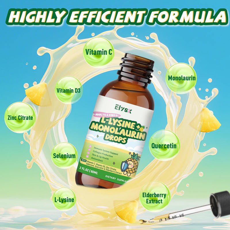 [Australia] - L-lysine Monolaurin Liquid Drops, Lysine 1000mg Supplement for Kids & Adults, with Vitamin C & D3, Zinc Citrate, Selenium, Quercetin & Elderberry Extract, Immune Support, Lip & Skin Health, 2 FL OZ 