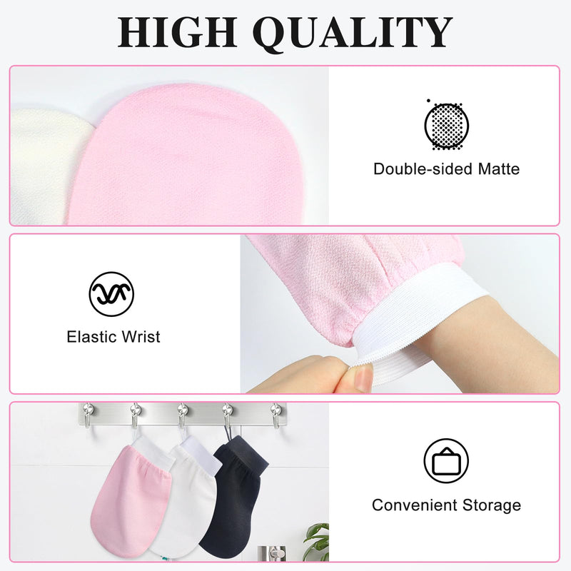 [Australia] - Soodyoow 3 pieces exfoliating gloves, peeling gloves, peeling gloves, bathing gloves, exfoliating gloves for skin massage, removing dead skin, for women and men (black, white, pink) 3 pieces (black, white, pink). 