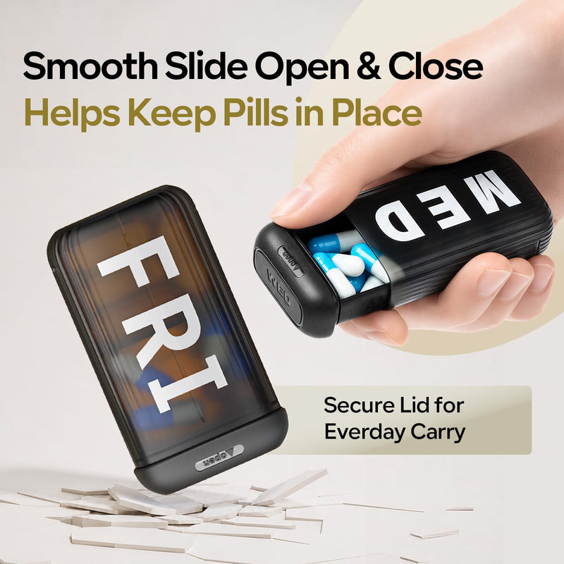 Daviky Weekly Pill Organizer 2 Times a Day, AM PM Removable Pill Box 7 Day | XL Cute Pill Case, Large Date Label, Slide to Open, Silicone Moisture-proof, Easy to Use for Fish Oil or Vitamins, Black