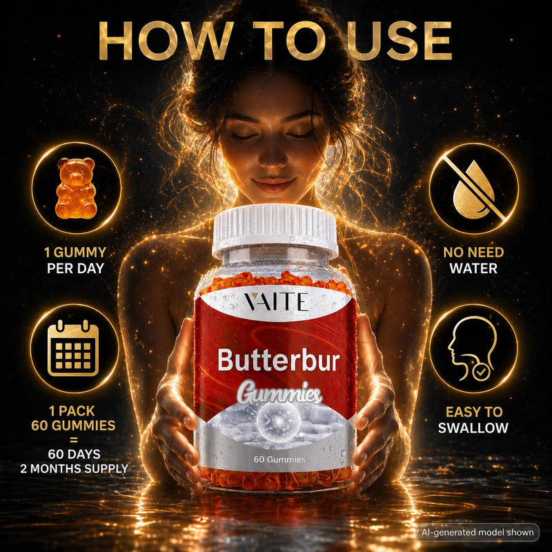 VAITE Butterbur Extract 9-in-1 Herbal & Mineral Complex with Riboflavin B2, Magnesium Glycinate, Feverfew, L-Theanine, Ginger, Turmeric, Quercetin & Black Pepper – Vegan, Non-GMO, 60 Gummies
