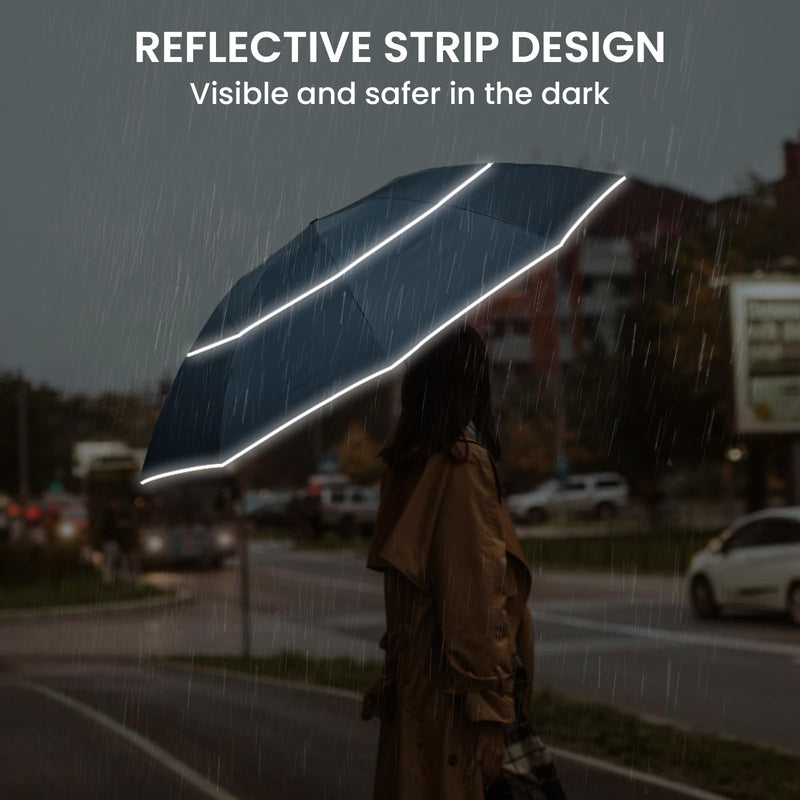 G4Free 62 Inch Large Golf Umbrella Compact Reverse Travel Umbrella (Navy Blue+Navy Blue with Reflective Stripe)