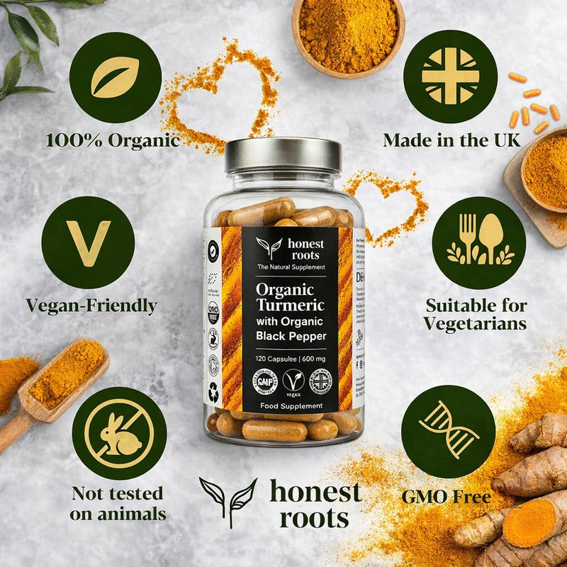Honest Roots Organic Turmeric Curcumin Capsules with Black Pepper – 600mg per Serving – 120 Vegan Capsules (2 Month Supply) – High Strength Curcuma Longa Supplement – Made in UK