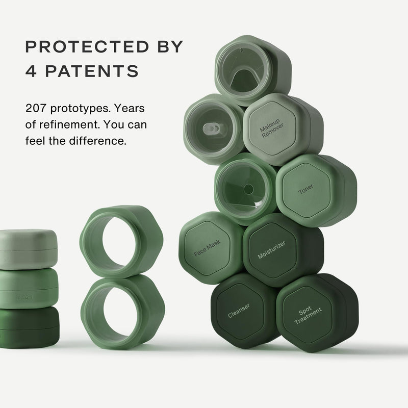 Cadence Travel Containers - 2pk (1 Small, 0.56oz + 1 Medium, 1.32oz), Evergreen - TSA Approved, Leak Proof, Magnetic Basic Body Care Capsules - Carry On Travel Essentials - Body Wash & Lotion Labels Bodycare (Set of 2)