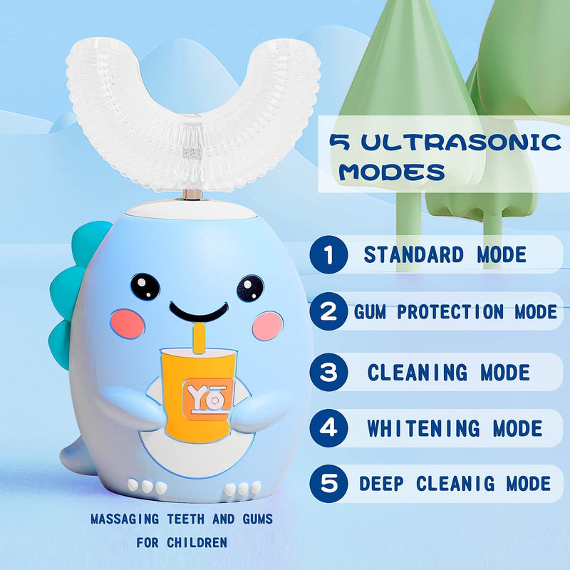 [Australia] - Kids U Shaped Electric Toothbrush with 4 Brush Heads, Sonic Toothbrush Kids with 5 Modes, Cartoon Dinosaur 360-Degree Cleaning IPX7 Waterproof Design (2-6 Age (Blue)) Pale Blue 