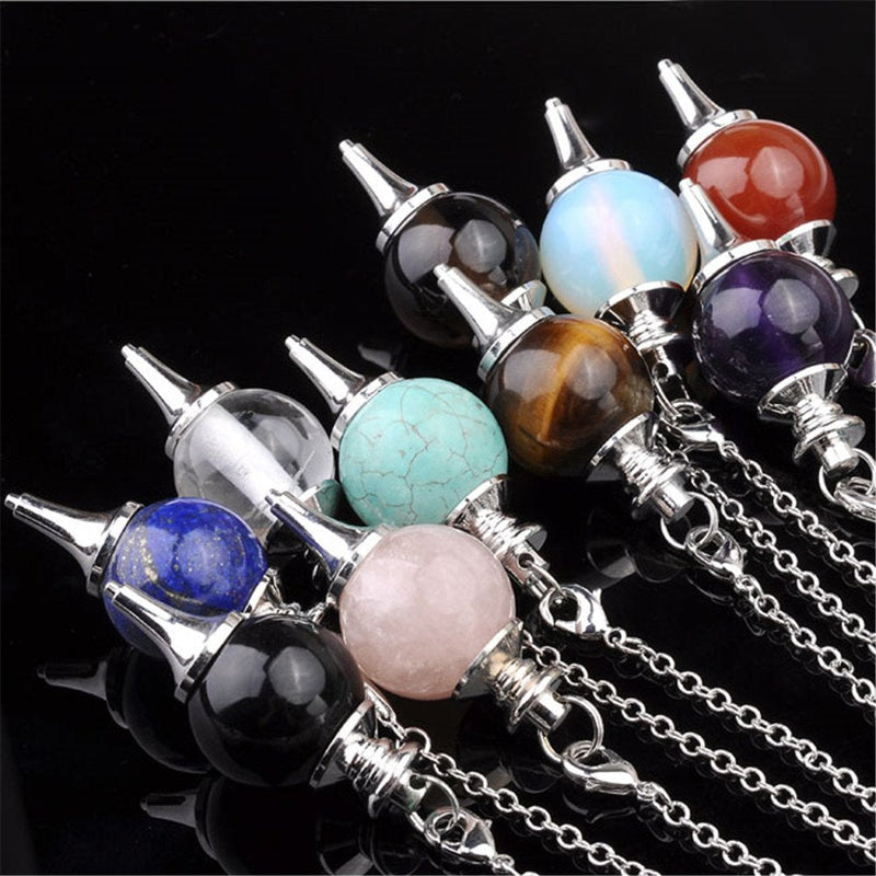 Jovivi 10pcs Beautiful Crystal Pendulums Dowsing Chakra Pendant With Chain,Natural Amethyst Rose Quartz Tiger Eye Obsidian Lapis Lazuli Turquoise Gemstone Reiki Pendant Pendulum Mixed 10pcs