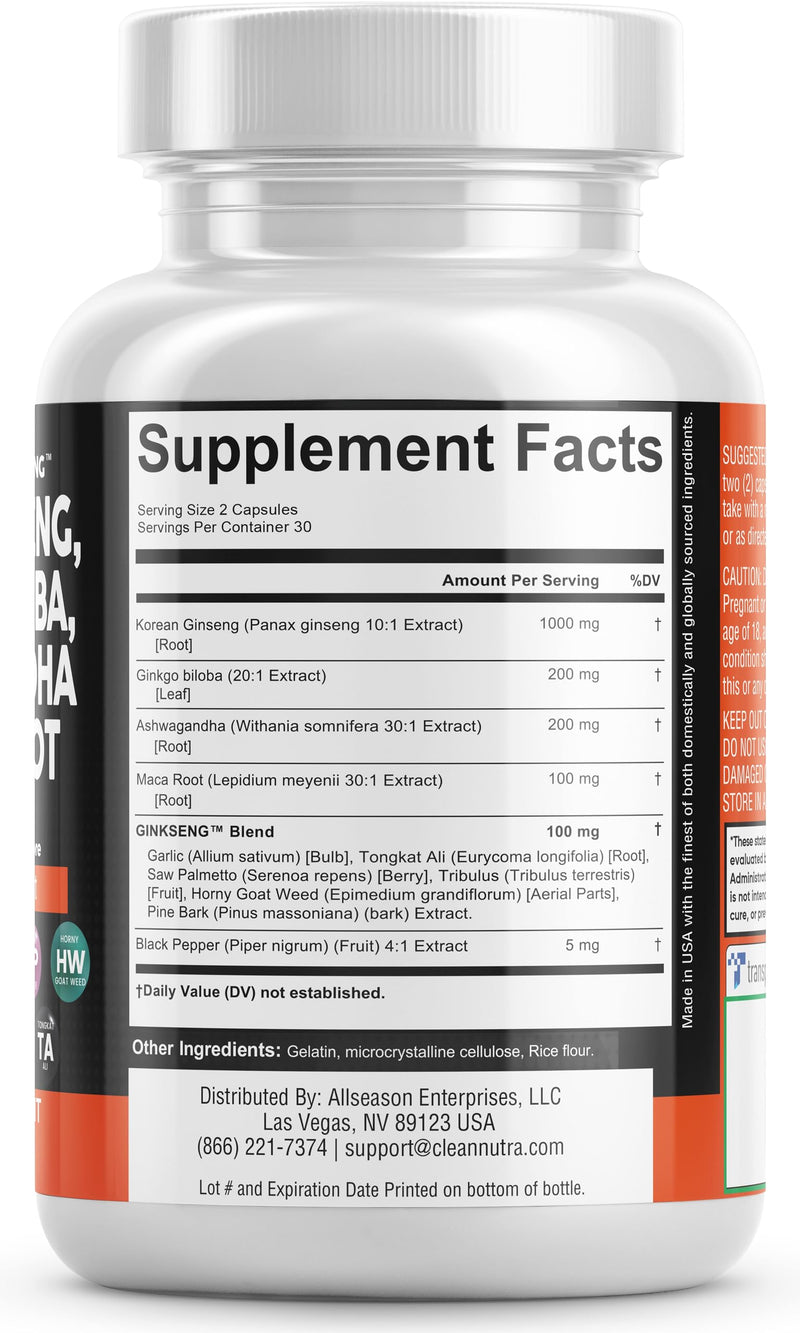 [Australia] - Clean Nutraceuticals Panax Ginseng 10000mg Ginkgo Biloba 4000mg Ashwagandha Maca Root 3000mg - Focus Supplement Pills for Women and Men with Pine Bark Extract, Garlic, and Saw Palmetto - 60 Caps 
