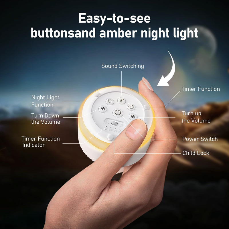 [Australia] - Portable Sound Machine & Night Light, White Noise Sound Machine for Baby & Adults with 12 Selected Sounds - Rechargeable, Memory Function, Timer - Sleep Soother, Home & Travel, White Middle 