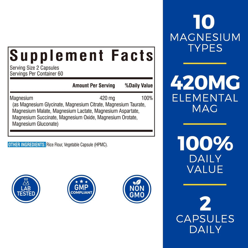 [Australia] - 10 in 1 Magnesium Complex, 420mg Elemental Magnesium | Ultra Strength, Max Absorption | Chelated Magnesium Supplement for Sleep, Nerves & Heart Health | Non-GMO, 120 Vegan Capsules 10 in 1 Magnesium Complex 120 Count (Pack of 1) 
