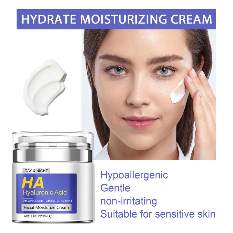 Hyaluronic Acid Moisturizer with Airless Pump, Facial Moisturize Cream with Amino Acids, Vitamin B5, Vitamin E, Anti-Aging, Hydrating, Reducing Fine Lines for Women, Suitable for Dry Skin, 1.7 Fl. Oz