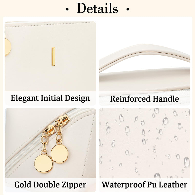 Initial Makeup Bag Personalized Gift for Women Teen Girls | Waterproof PU Leather, Open Flat Design Cosmetic Bag, Multiple Compartments Travel Toiletry Bag (Large Beige, I) Large Beige