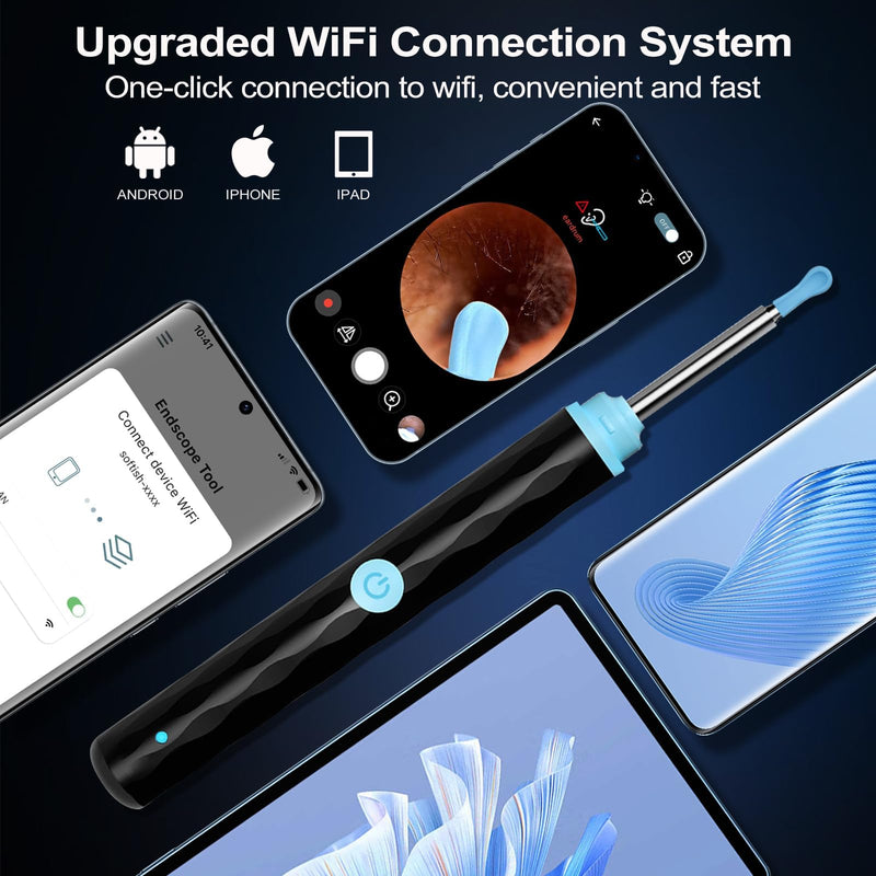 [Australia] - Ear Wax Removal, Ear wax removal tool camera built-in 1296P, Easy and Safe Ear Cleaning, Earwax Removal kit with 9 Ear Set and 8 Traditional Tools, Ear Cleaning Kit for iPhone, iPad, Android Black 